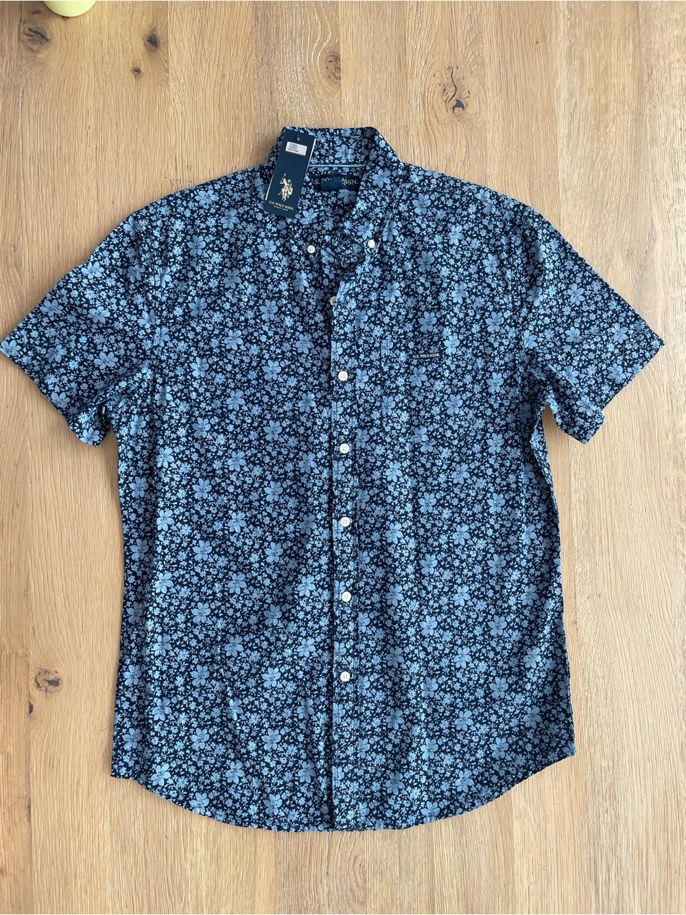 US Polo Assn Mens Floral Short Sleeve Button Down Shirt Navy Blue Cotton M